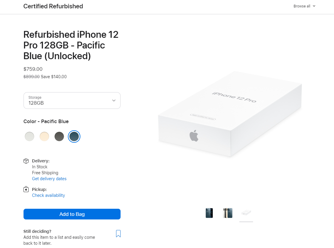 苹果美国商店补货 iPhone 12 Pro 翻新手机:约 5131 元起,采用白色简单包装盒
