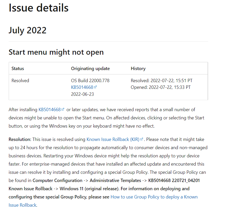 微软承认 Win11 开始菜单出现无法打开问题,将为受影响设备回滚系统