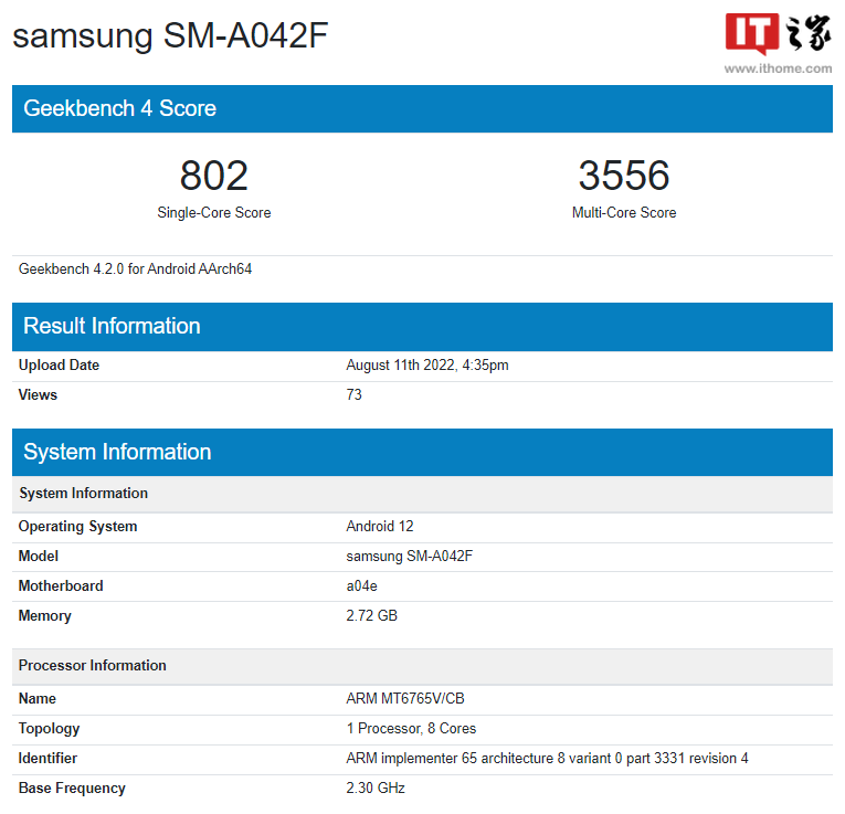 三星 Galaxy A04 Core 现身 Geekbench，或搭载联发科 P35 芯片